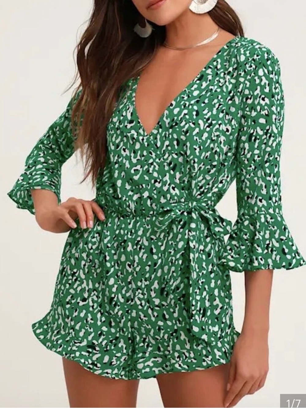 Lulu's Green Printed V-Neck Wrap Romper